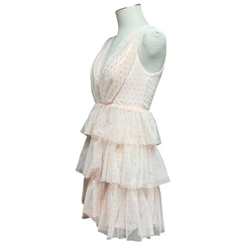 Lulus Forever Sparkling Sleeveless Plunge Tiered Mini Dress Pink Gold Small